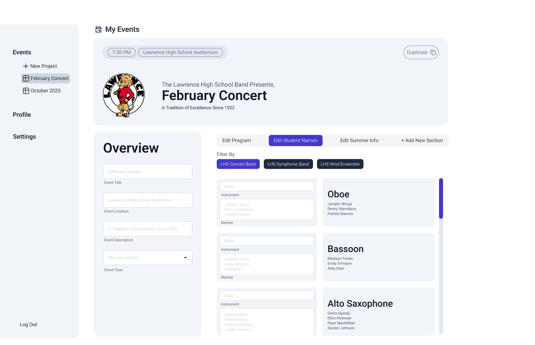 Edit Student Names desktop wireframe
