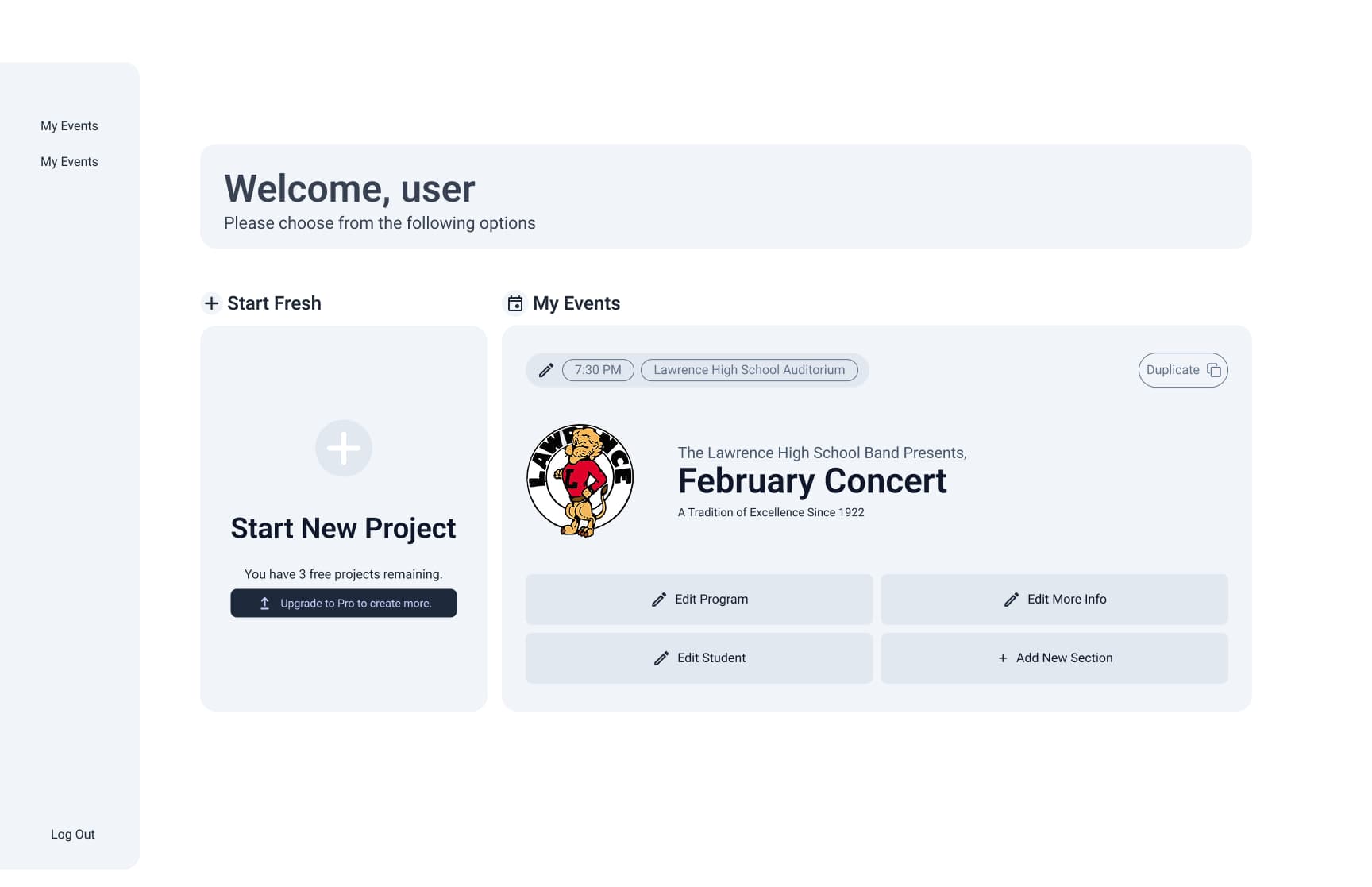 Main Dashboard desktop wireframe